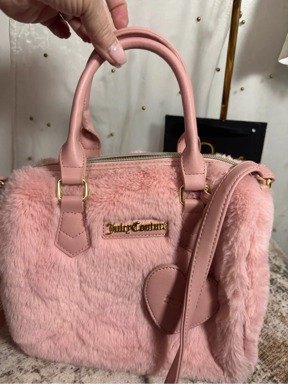Juicy Couture Soft Pink Taffy Faux Fur Satchel with Heart Tag